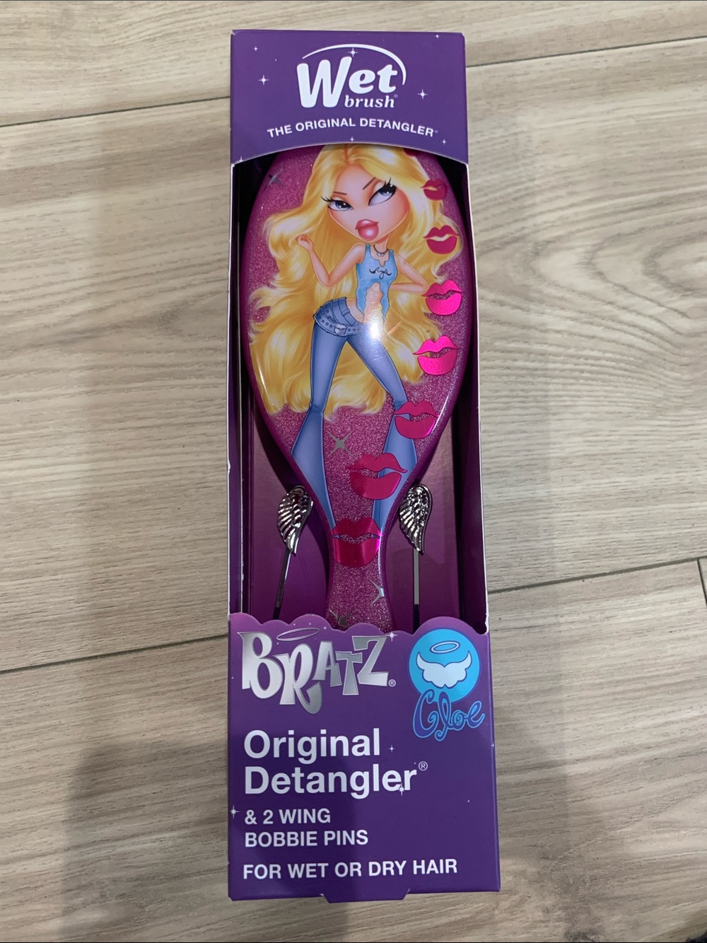 Wet Brush Kids Pink Glitter Bratz Detangler Hair Brush with Wing Bobbie Pins